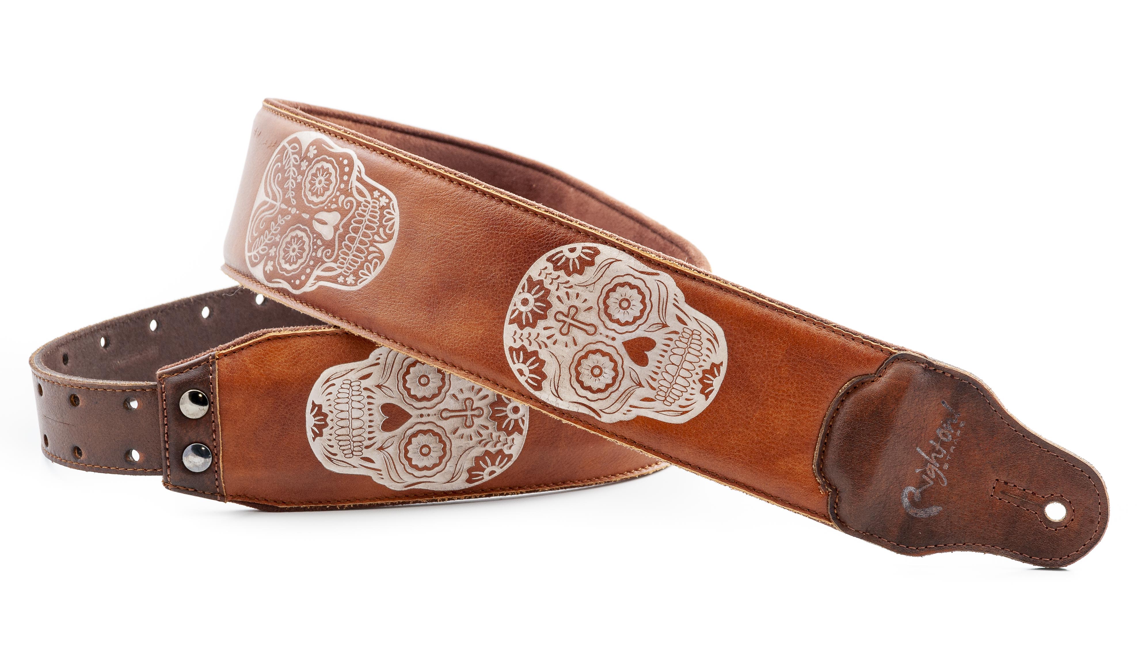 Leather guitar strap with mexican sugar skulls