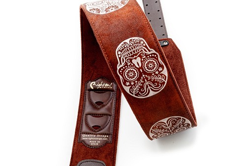 Correa de guitarra SUGAR en tono marrón claro con diseño moderno de calaveras