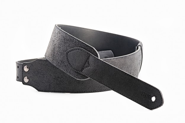 Fuzzy Black Leather Guitar Strap - Handmade in Spain