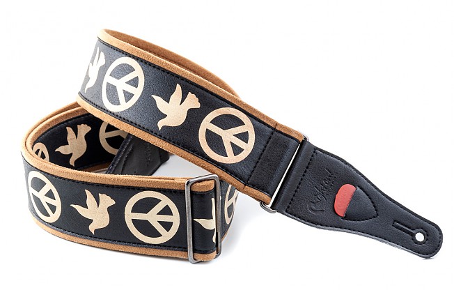 LEGEND PEACE & DOVES model, guitar and bass strap made in 6 cm wide, technical non-slip microfiber on the inside, low density latex padding 2mm thick. Replica guitar strap used by Neil Young. 