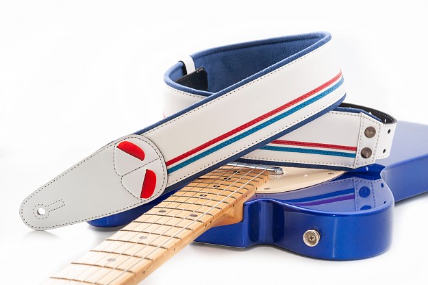 Race-60 White Guitar Strap | Classic Racing Design and Cruelty-Free1