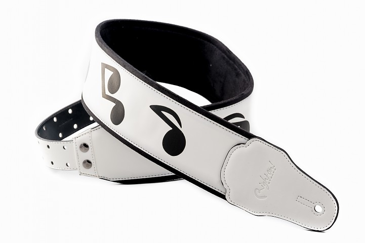 Wide strap for bass and guitar made 100% in Spain decorated with musical notes model Legend SRV White.