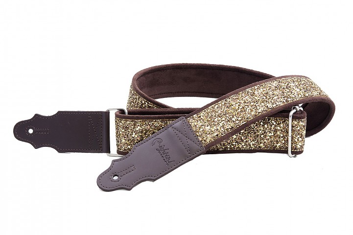 Model GLITTER GOLD gold strap made in Spain for guitar and bass, made of non-slip technical microfiber decorated with a silver glitter strip.