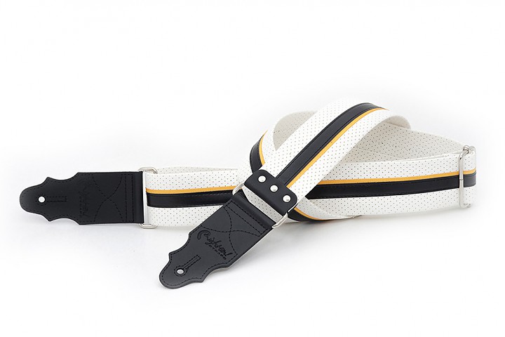 Model HOTROD YELLOW this guitar strap recalls the colors and style of old racing cars, baseball jerseys, guitars... Strap for acoustic, electric and bass guitars. Synthetic material, does not slip or grip excessively. Includes metal rivets on the fro