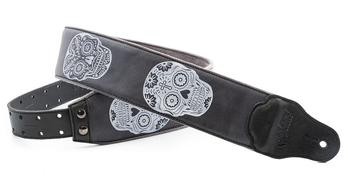 Mexican skulls guitar strap in black, day of the dead 1